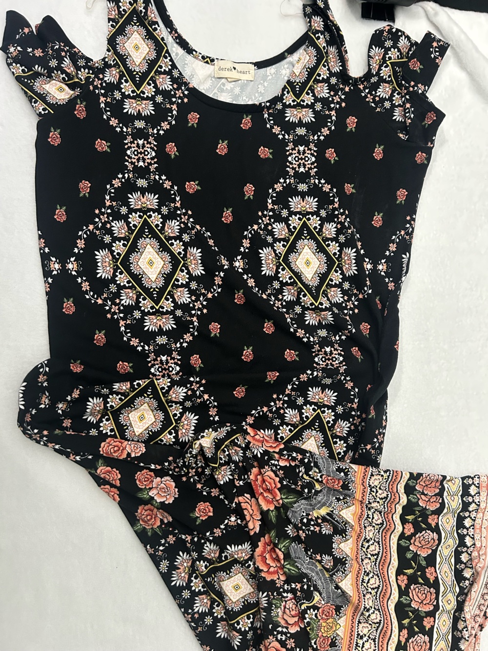 Derek Heart Black Maxi Dress with Pink Floral & Cream Geometric Accents